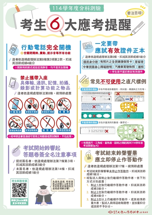 114學年度分科測驗考生應考提醒與應考檢查表